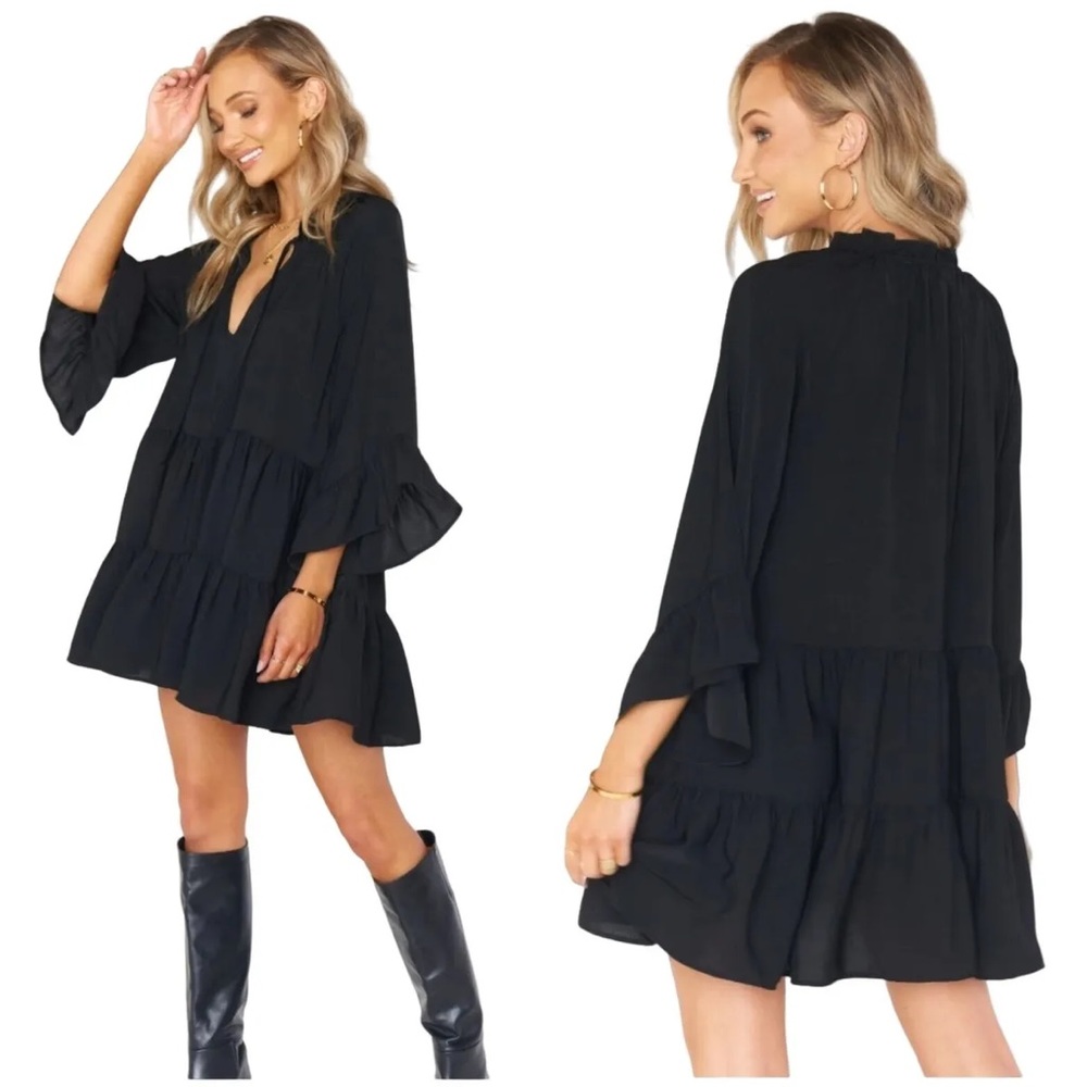 Show Me Your Mumu Viola Mini Dress Black Flounce Sleeve Tiered Babydoll Boho XXL